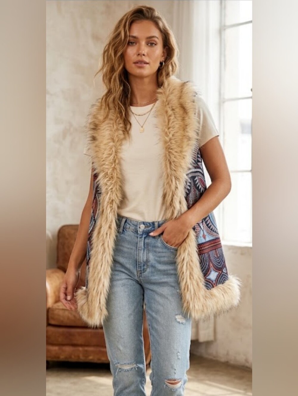 Flying Tomato Faux Fur-Trimmed Sherpa Lined Stitched Vest Women's Size S EUC